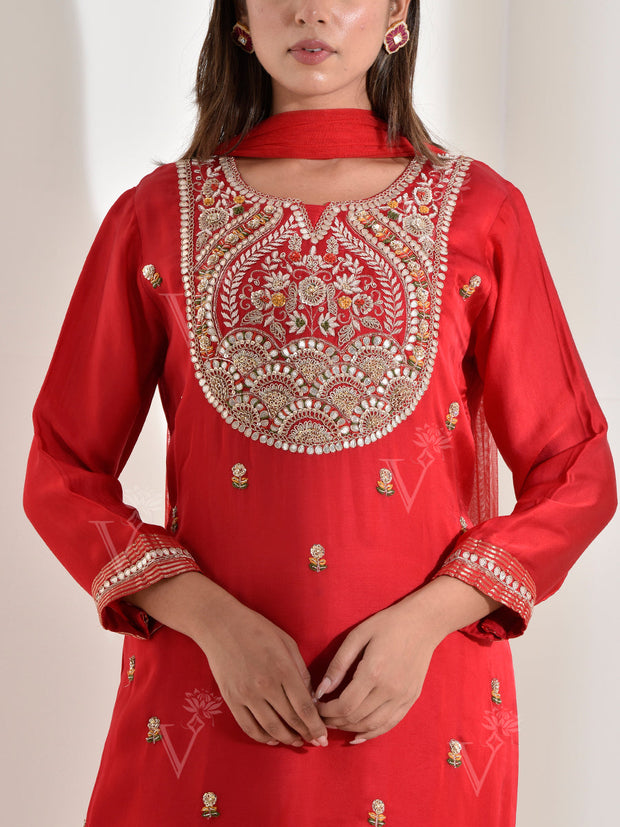 Red Satin Embroidered Suit Set