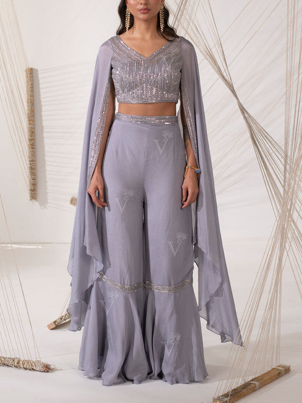 Lavender Grey Sharara Crop Top Set