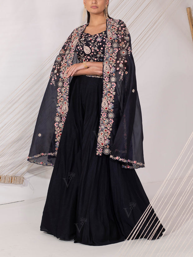 Navy Blue Organza Cape Sharara Set