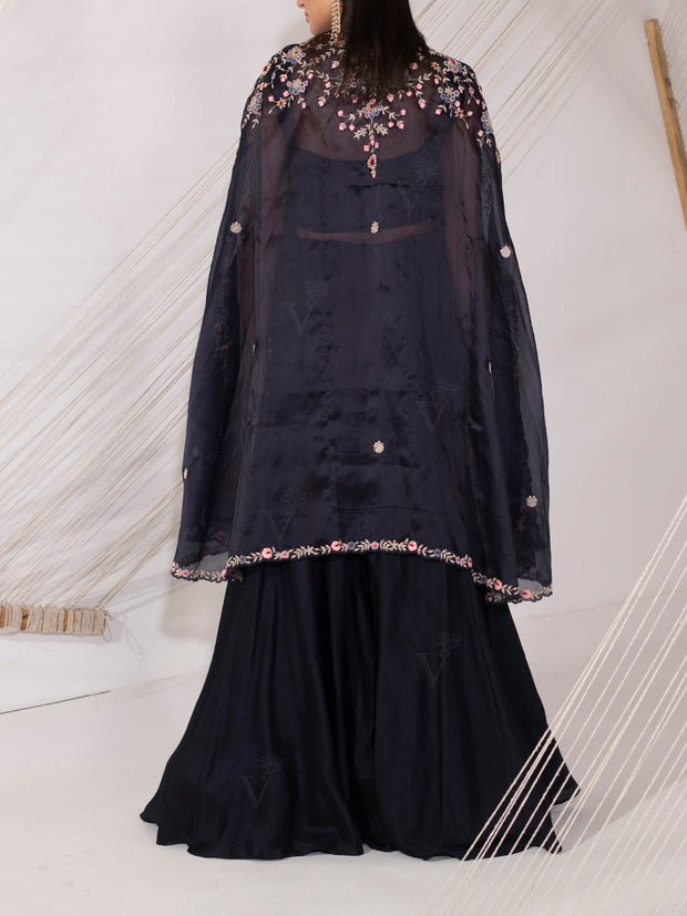 Navy Blue Organza Cape Sharara Set