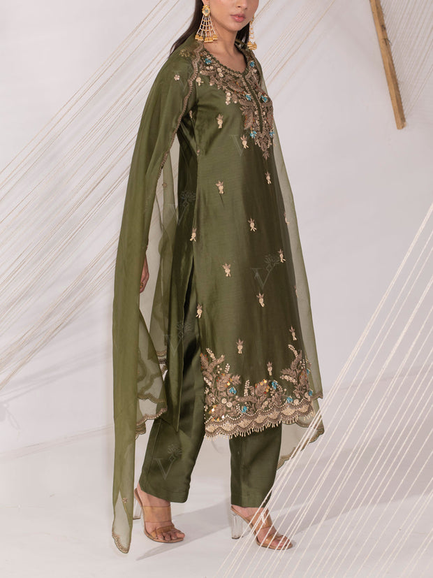 Olive Green Chanderi Silk Suit Set