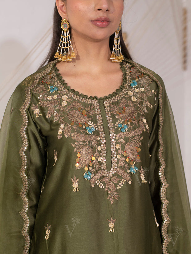 Olive Green Chanderi Silk Suit Set