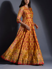 Mustard Yellow Vasansi Silk Leheriya Anarkali Gown