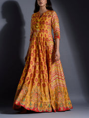 Mustard Yellow Vasansi Silk Leheriya Anarkali Gown