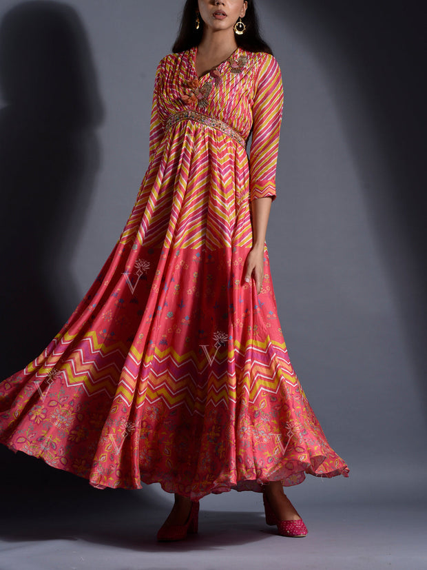 Orange Vasansi Silk Leheriya Anarkali Gown