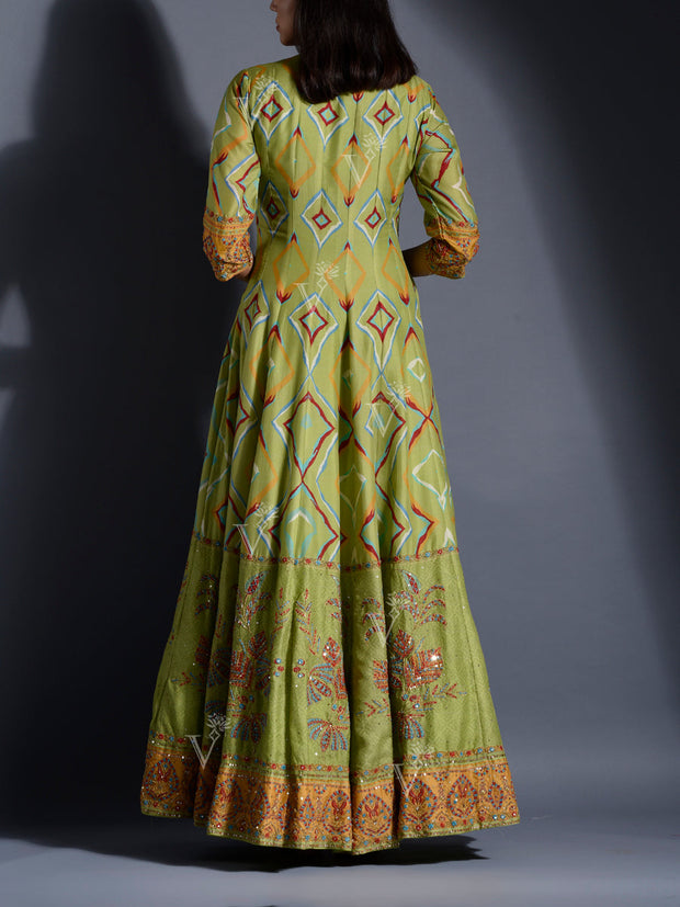 Green Vasansi Silk Leheriya Anarkali Gown