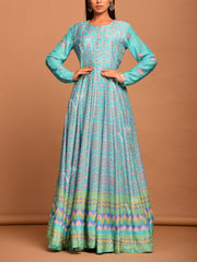 Turquoise Blue Vasansi Silk Printed Anarkali Gown