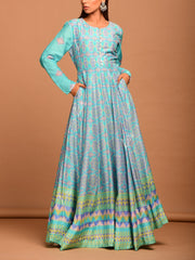 Turquoise Blue Vasansi Silk Printed Anarkali Gown