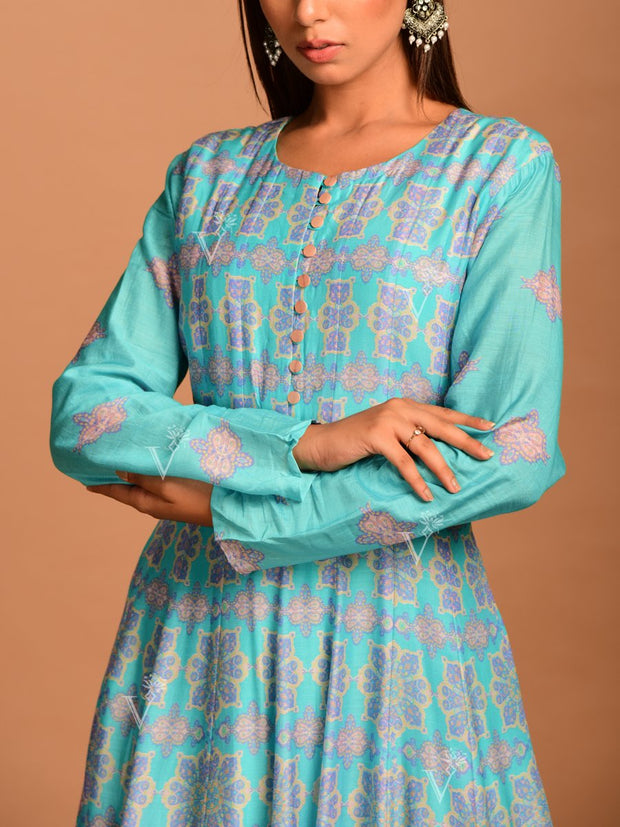 Turquoise Blue Vasansi Silk Printed Anarkali Gown