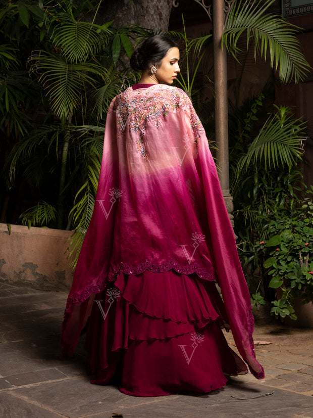 Maroon Embroidered Top and Cape with tiered Skirt Set