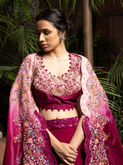 Maroon Embroidered Top and Cape with Tiered Skirt Set