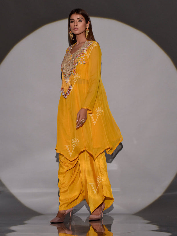 Yellow Organza Asymmetric Kurta and Dhoti Pant Set