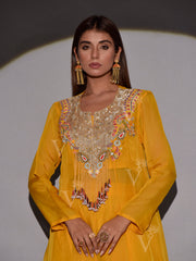 Yellow Organza Asymmetric Kurta and Dhoti Pant Set