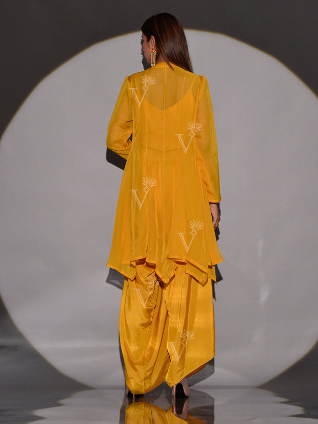 Yellow Organza Asymmetric Kurta and Dhoti Pant Set