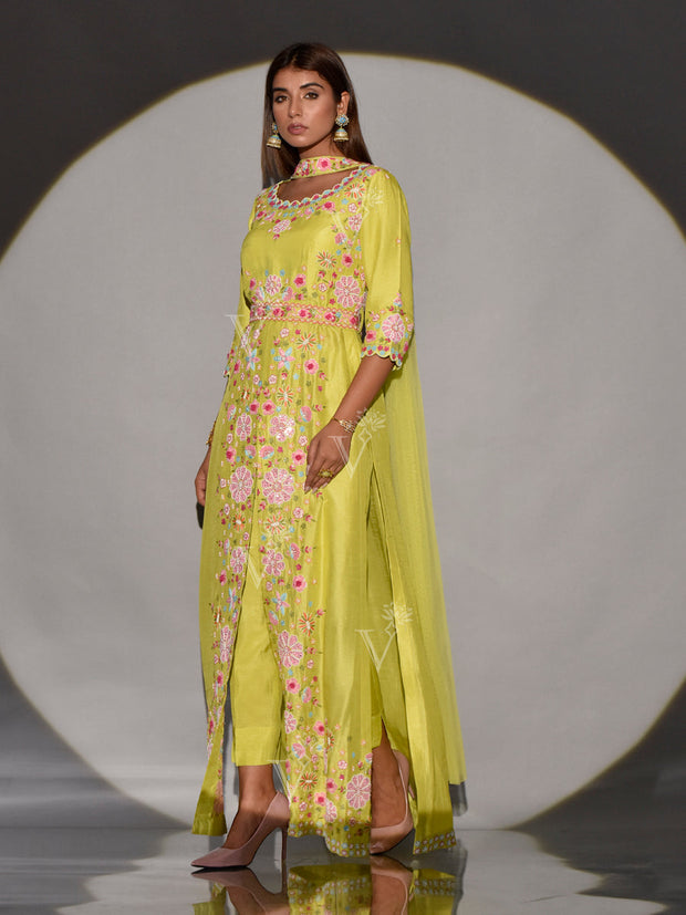 Lime Green Raw Silk Embroidered Kurta and Pant Set