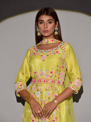 Lime Green Raw Silk Embroidered Kurta and Pant Set