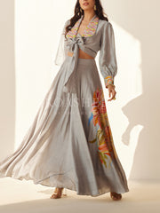 Mist Grey Front Knot Top And Palazzo Set