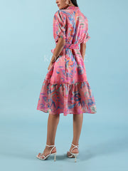 Pink Printed Summer Silk Midi Dress