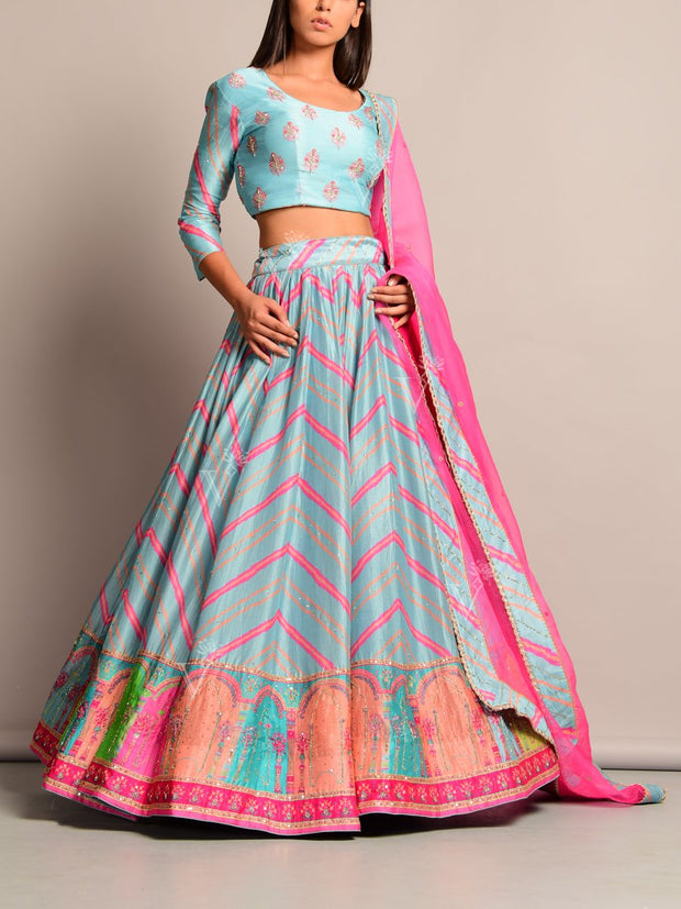 Cyan Blue Leheriya Lehenga Set