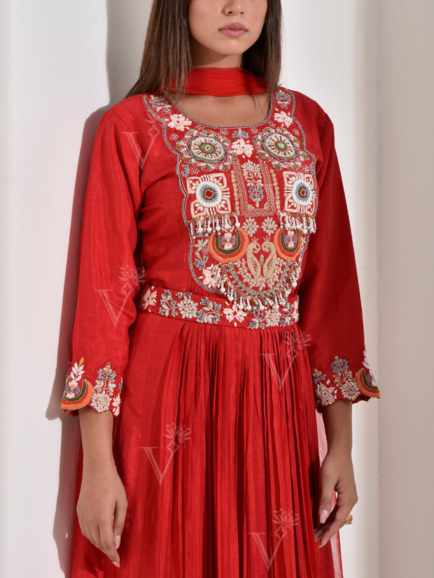 Red Embroidered Dola Silk Gown