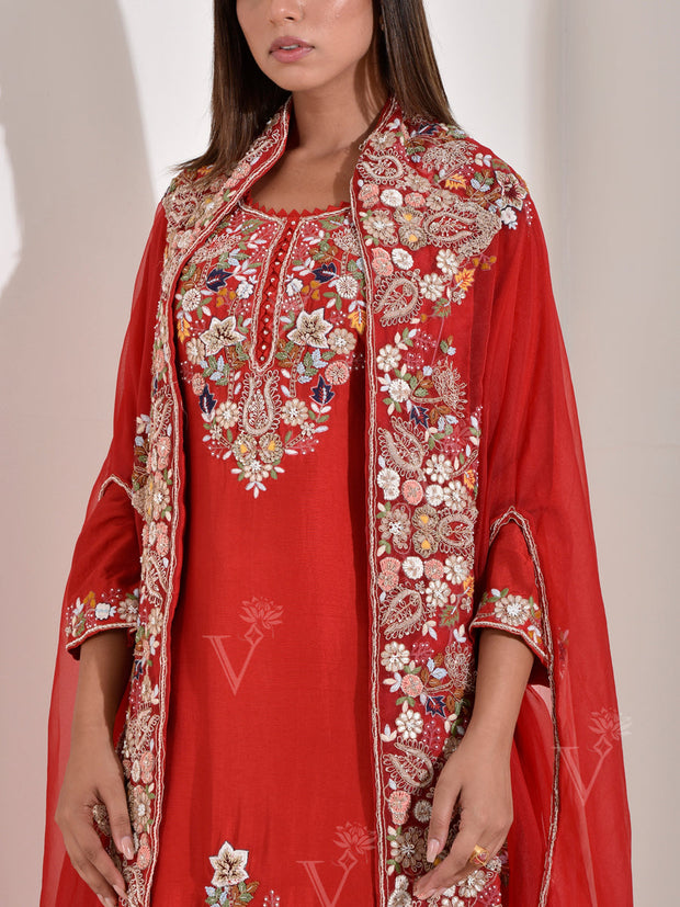 Red Embroidered Kurta with Jacket and Sharara Set