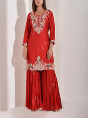 Red Embroidered Kurta with Jacket and Sharara Set