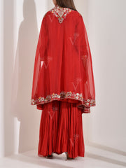 Red Embroidered Kurta with Jacket and Sharara Set