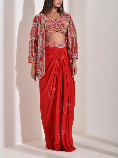 Red Embroidered Organza Jacket and Drape Skirt Set