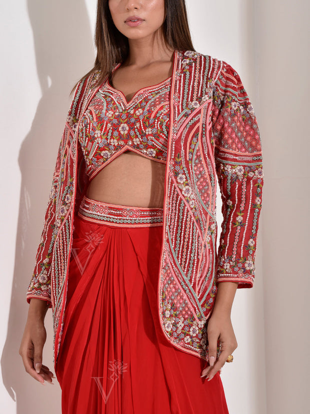 Red Embroidered Organza Jacket and Drape Skirt Set