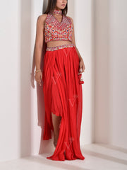 Red Embroidered Crop top and Drape Skirt with Dupatta