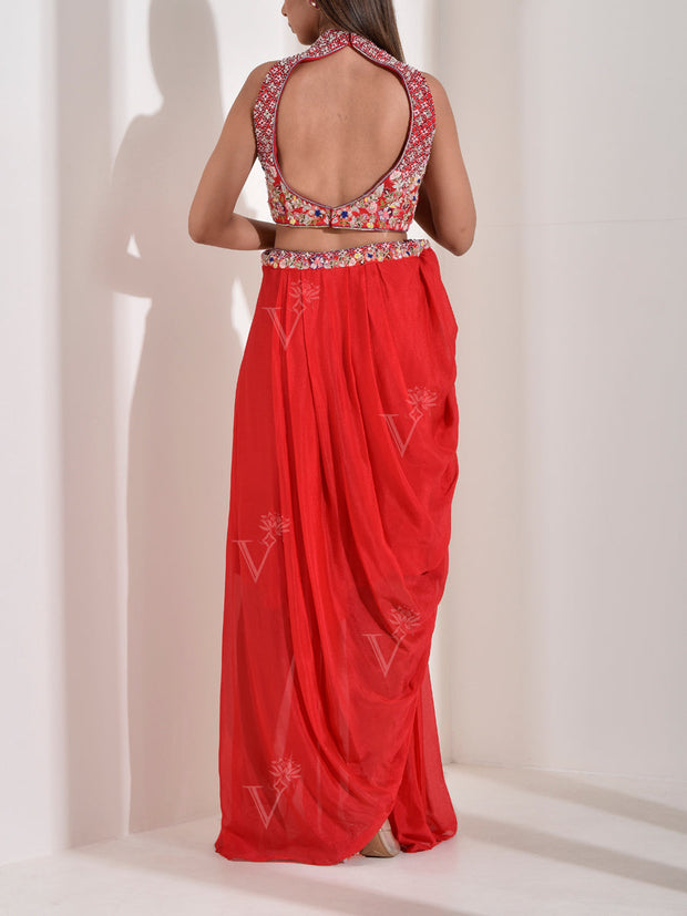 Red Embroidered Crop top and Drape Skirt with Dupatta