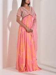 Pink Floral Printed Embroidered Wrinkle Crepe Gown