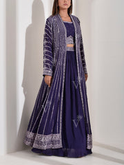 Violet Georgette Crop top with skirt and Jacket Set