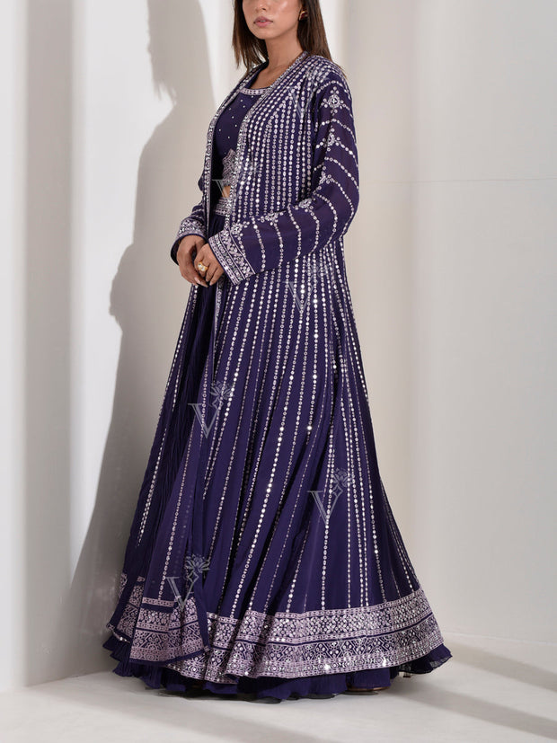 Violet Georgette Crop top with skirt and Jacket Set