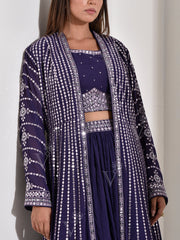 Violet Georgette Crop top with skirt and Jacket Set