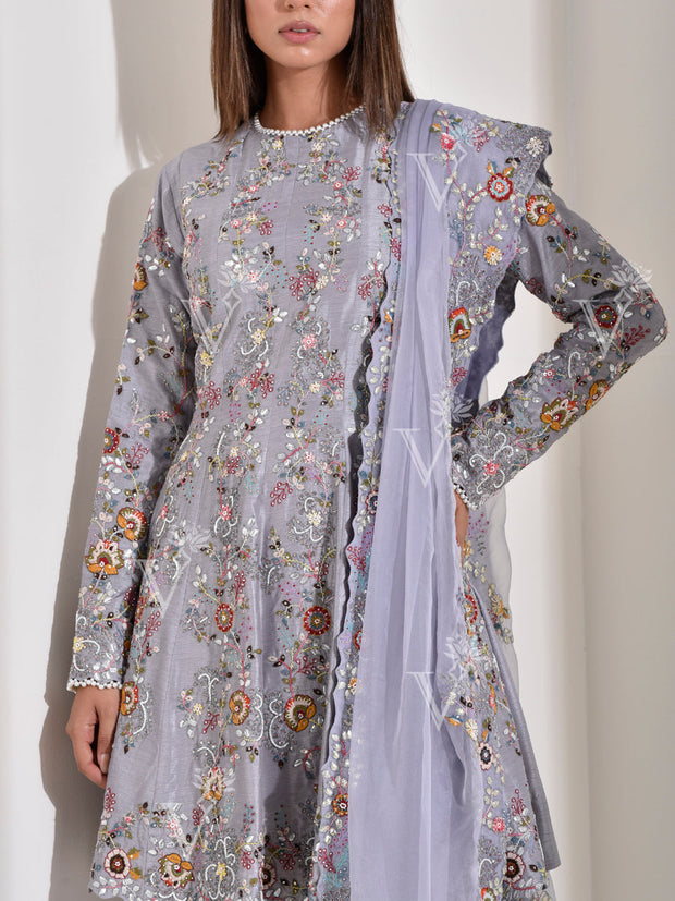 Grey Embroidered Kurta and Sharara Set