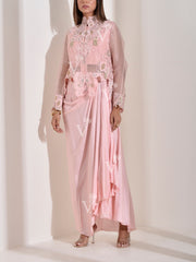 Baby Pink Crop Top with Jacket and Drape Skirt Set