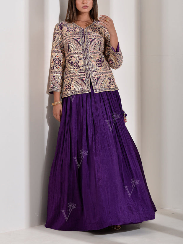 Dark Purple Embroidered Chanderi Jacket and Skirt Set