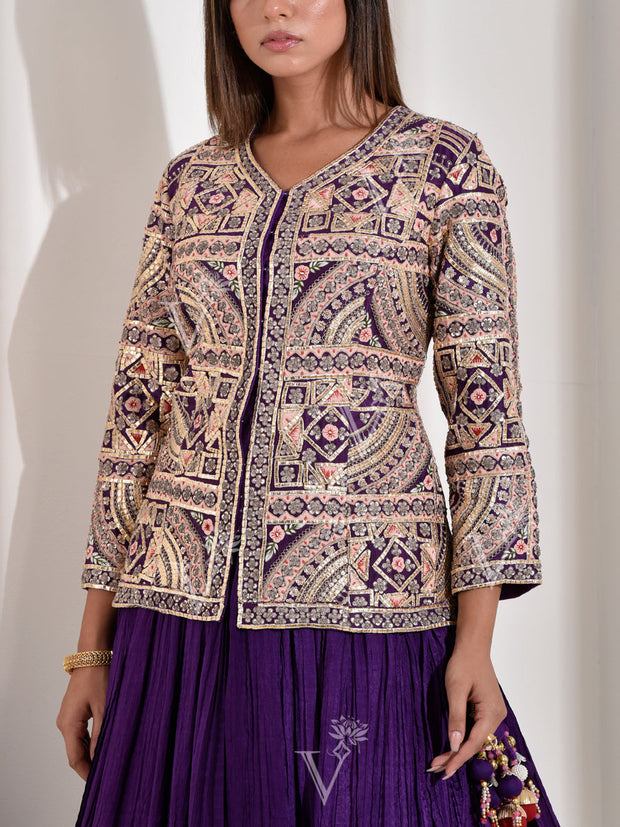 Dark Purple Embroidered Chanderi Jacket and Skirt Set