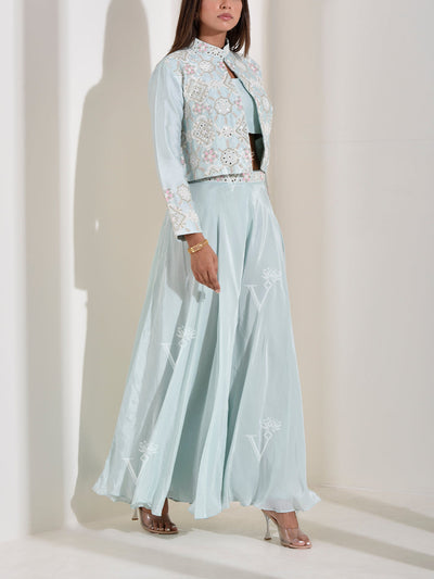Powder Blue Silk top with Palazzo and Embroidered Jacket Set