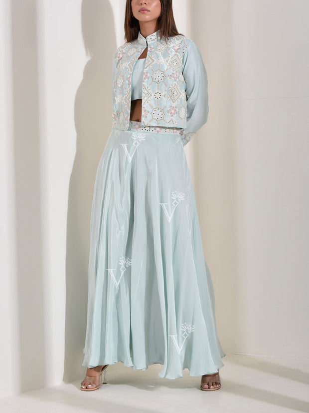 Powder Blue Silk top with Palazzo and Embroidered Jacket Set