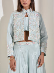 Powder Blue Silk top with Palazzo and Embroidered Jacket Set