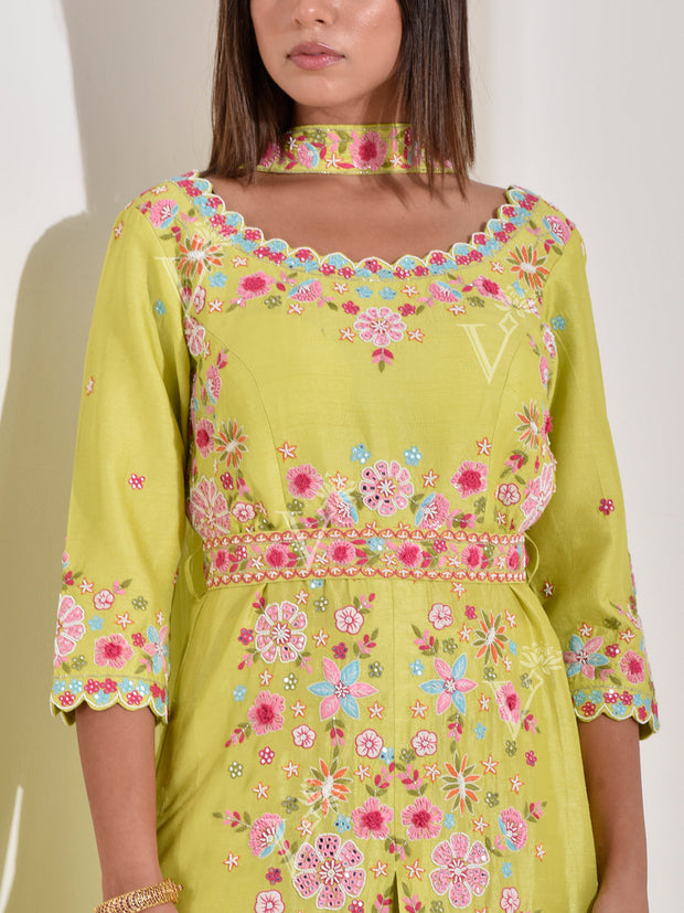 Lime Green Silk Embroidered Suit set