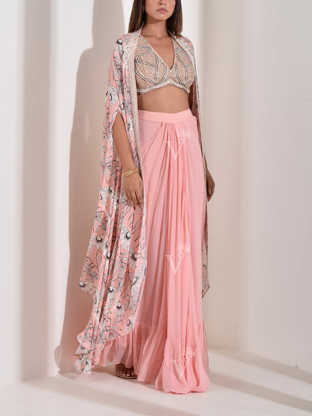 Pink Crepe Embroidered Top and Jacket with Drape Skirt Set