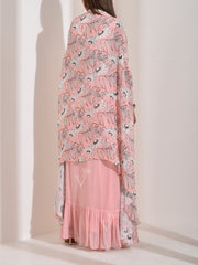 Pink Crepe Embroidered Top and Jacket with Drape Skirt Set