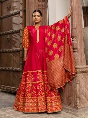 Red Vasansi Silk Printed Anarkali Gown with Dupatta