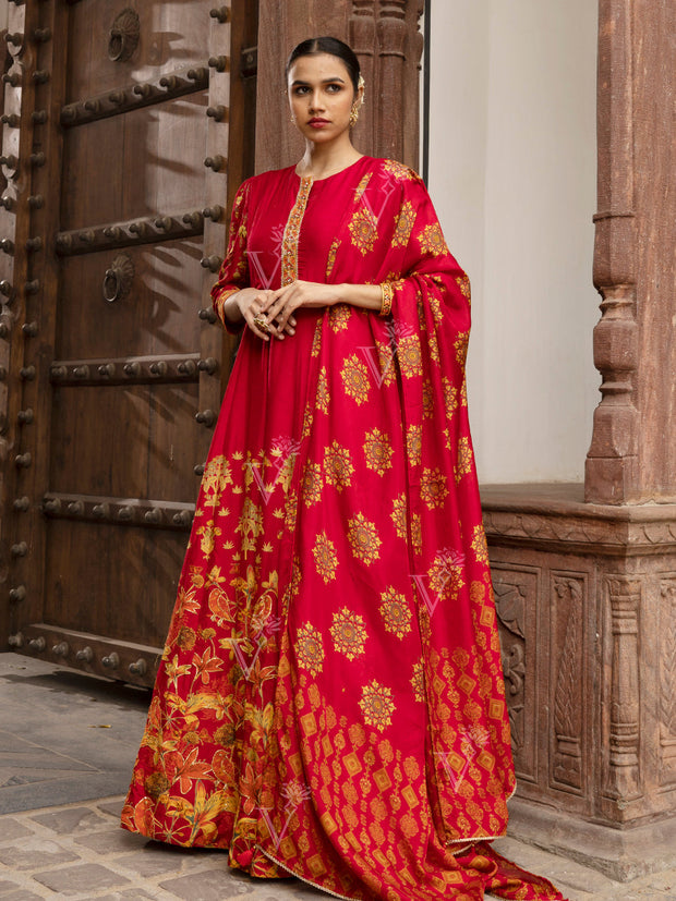 Red Vasansi Silk Printed Anarkali Gown with Dupatta