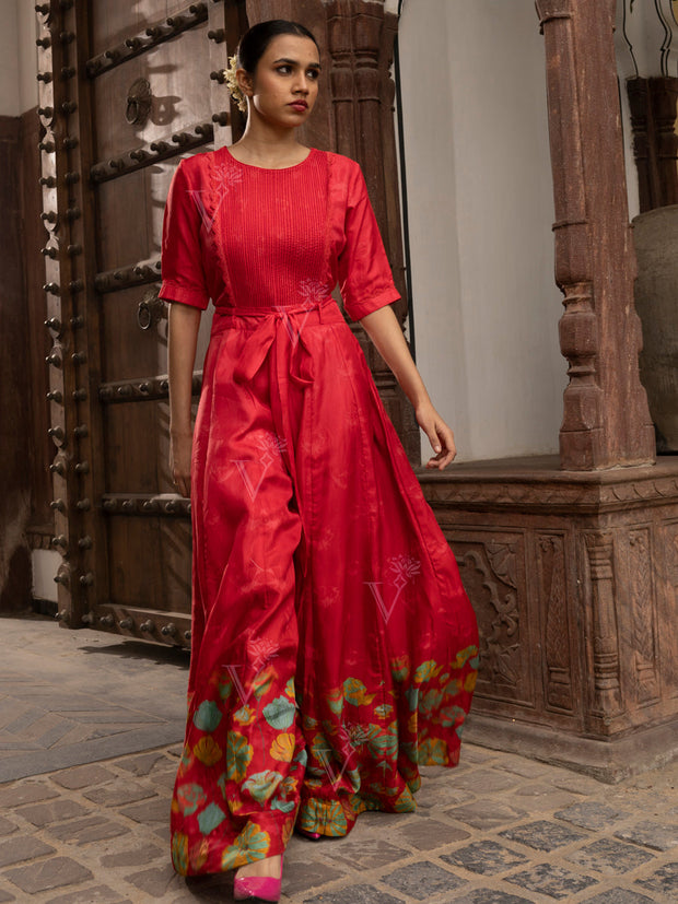 Red Vasansi Silk Printed Jumpsuit