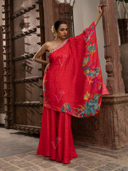 Alluring Red One Shoulder Asyemmetric Top and Sharara
