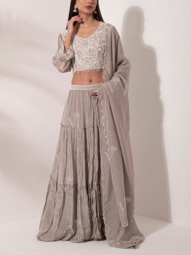 Light Grey Wrinkle Crepe Lehenga Set